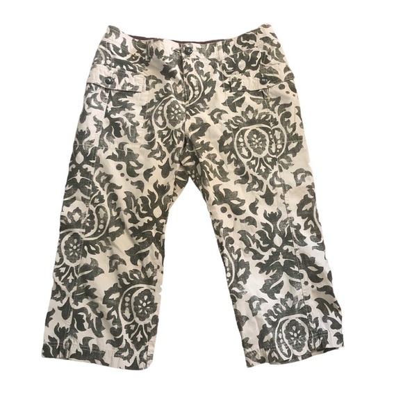 Tommy Hilfiger Crop Pant Sz. 14P Fleur De Lis Print Tan Olive Green 100% Cotton - Picture 1 of 4